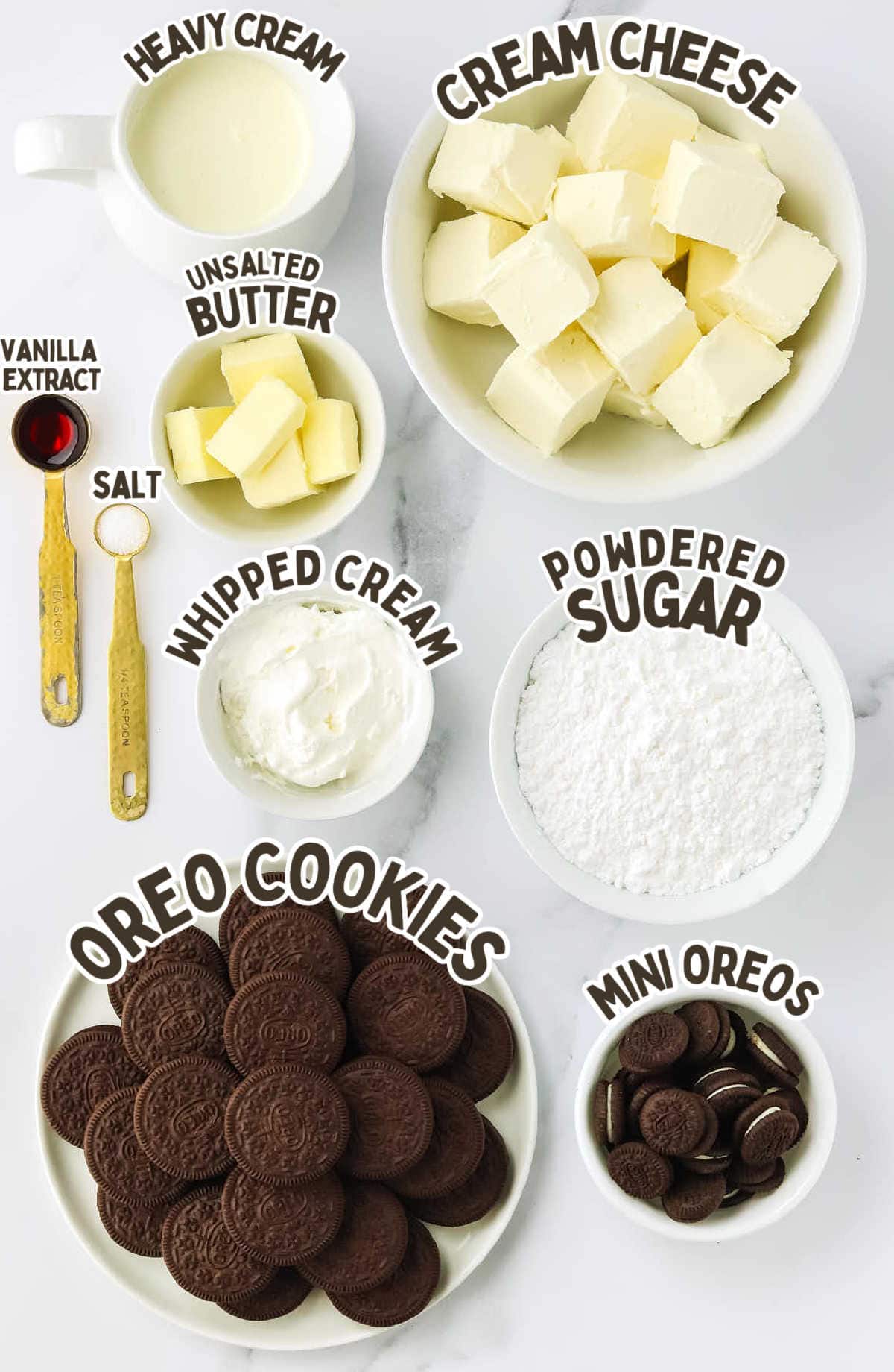 Ingredients needed to make Oreo Cheesecake Bites.