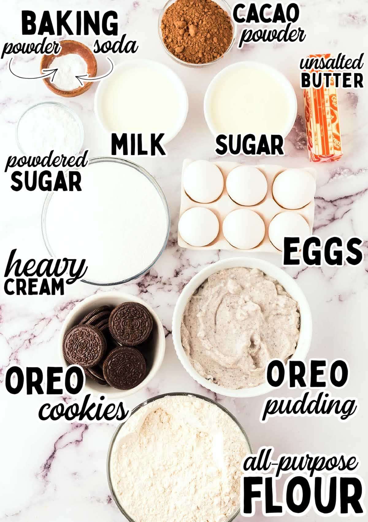 Ingredients for Oreo Sheet Cake on a countertop.