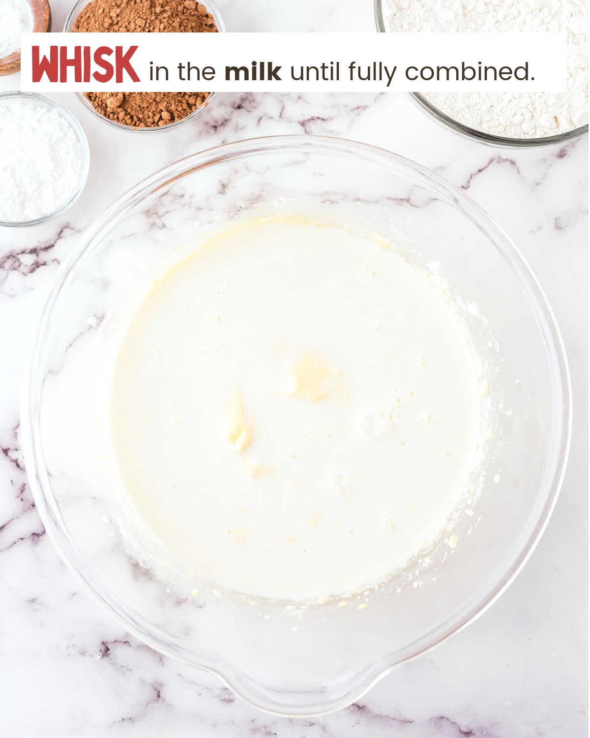 Adding milk to butter and sugar for Oreo Sheet Cake.