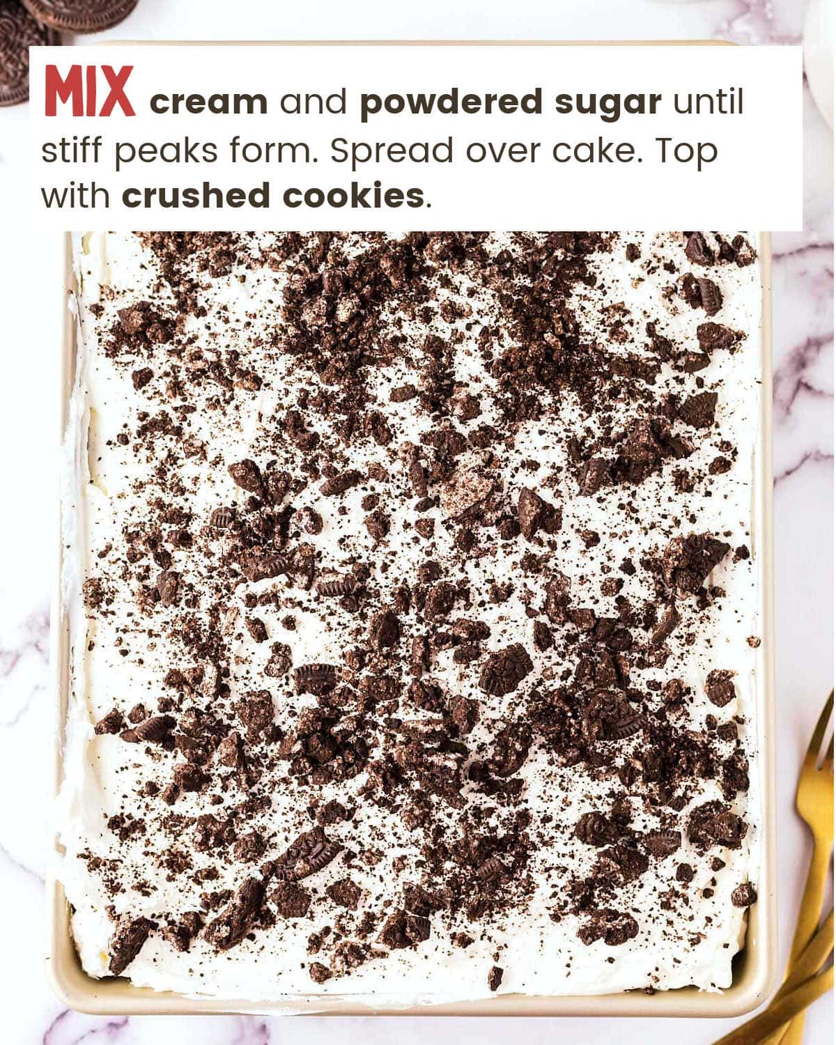 Topping cake with crushed cookies for Oreo Sheet Cake.