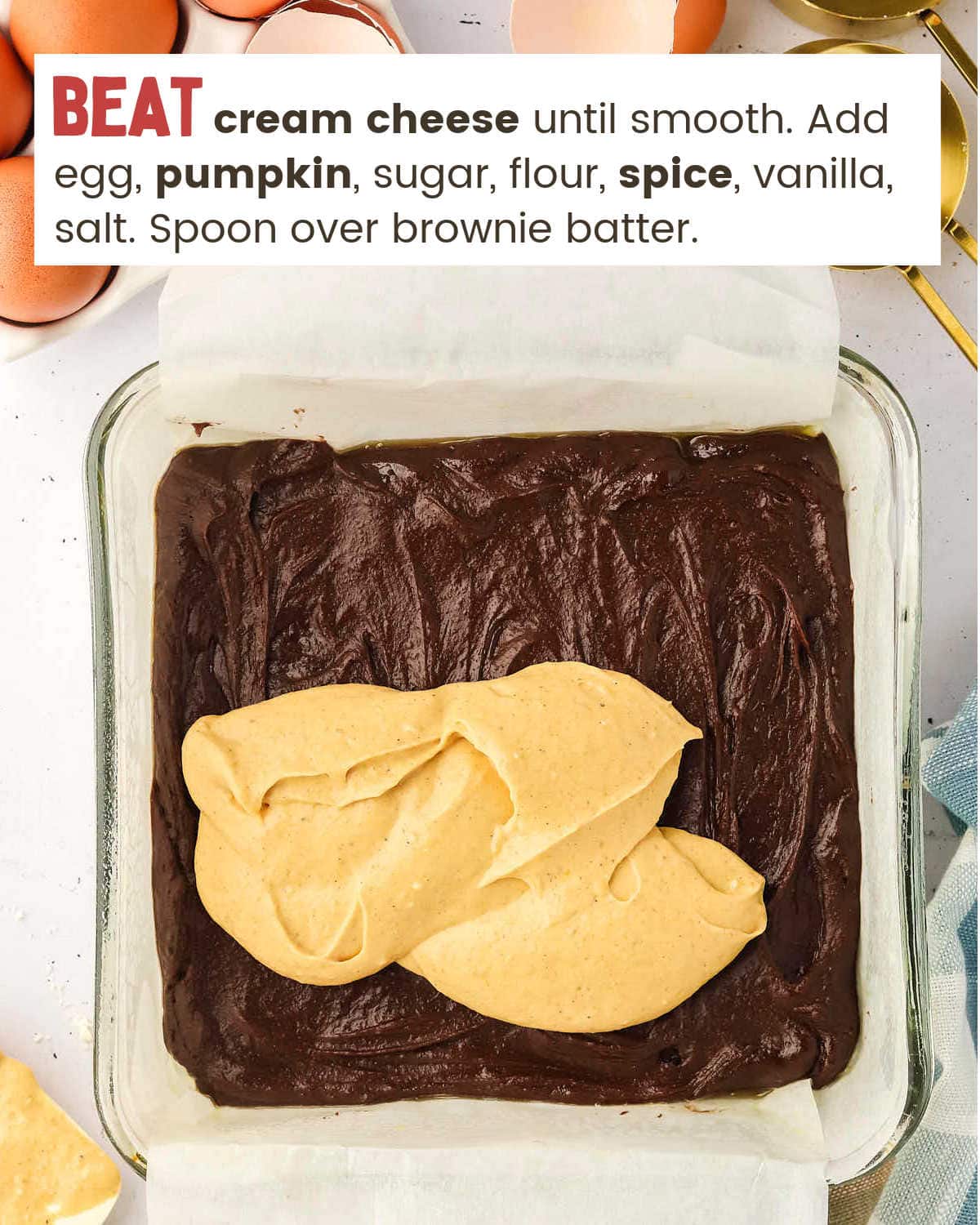 Adding pumpkin cheesecake batter to brownie batter for Pumpkin Cheesecake Brownies.