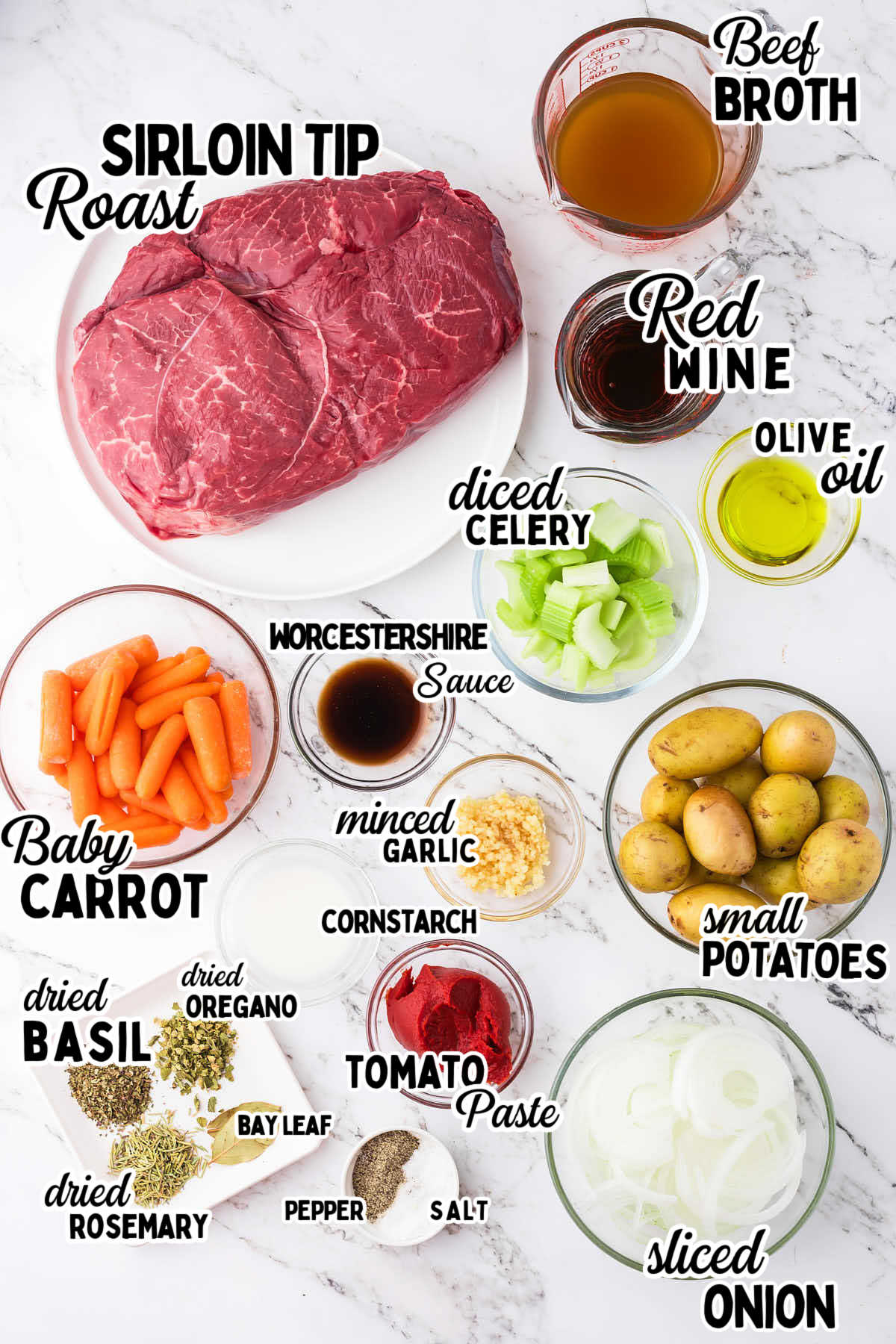 Ingredients for Slow Cooker Sirloin Tip Roast on a countertop