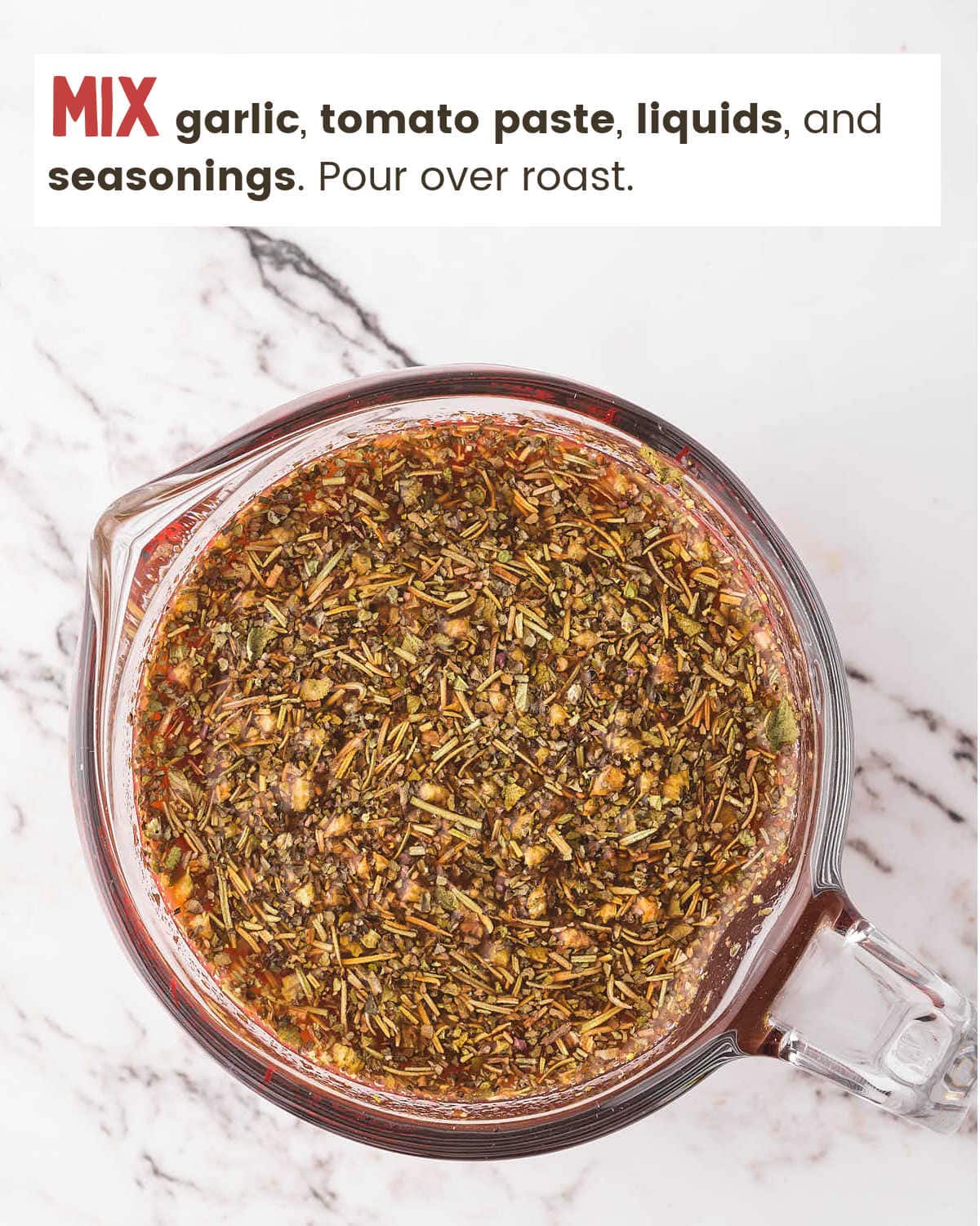 Seasonings and broth for Slow Cooker Sirloin Tip Roast in a measuring cup.