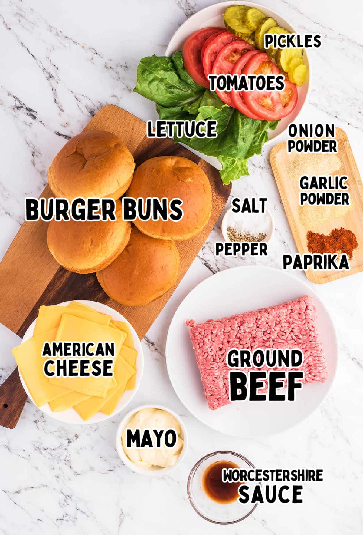 Ingredients for Smash Burgers on a countertop.