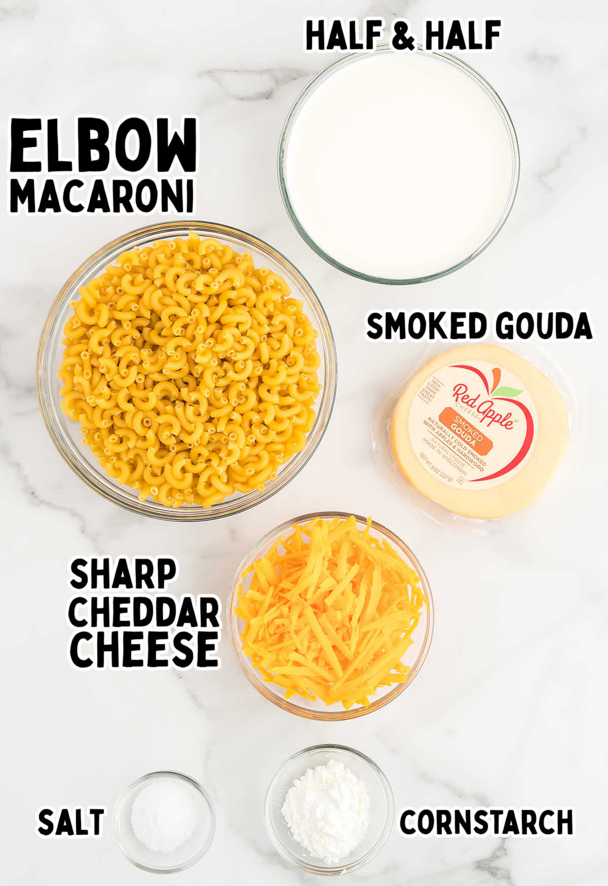 Ingredients needed to make Smoked Gouda Mac and Cheese.