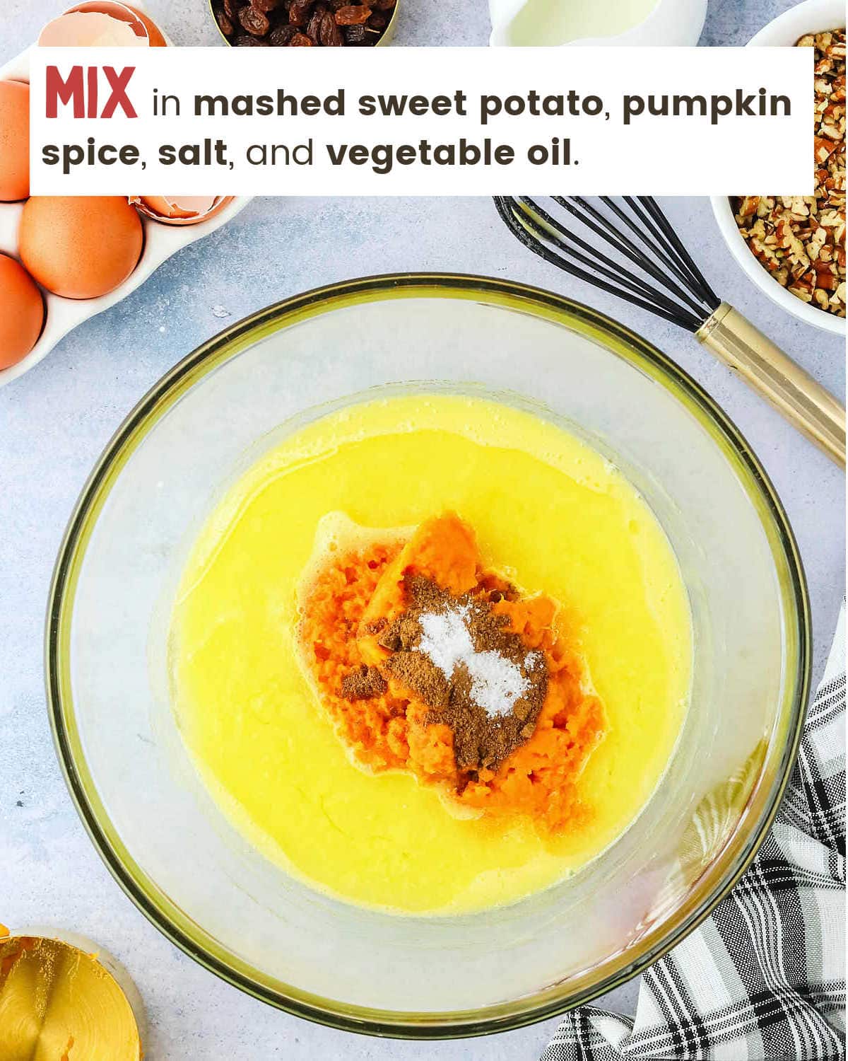 Adding sweet potatoes and spices to bowl for Sweet Potato Bread.