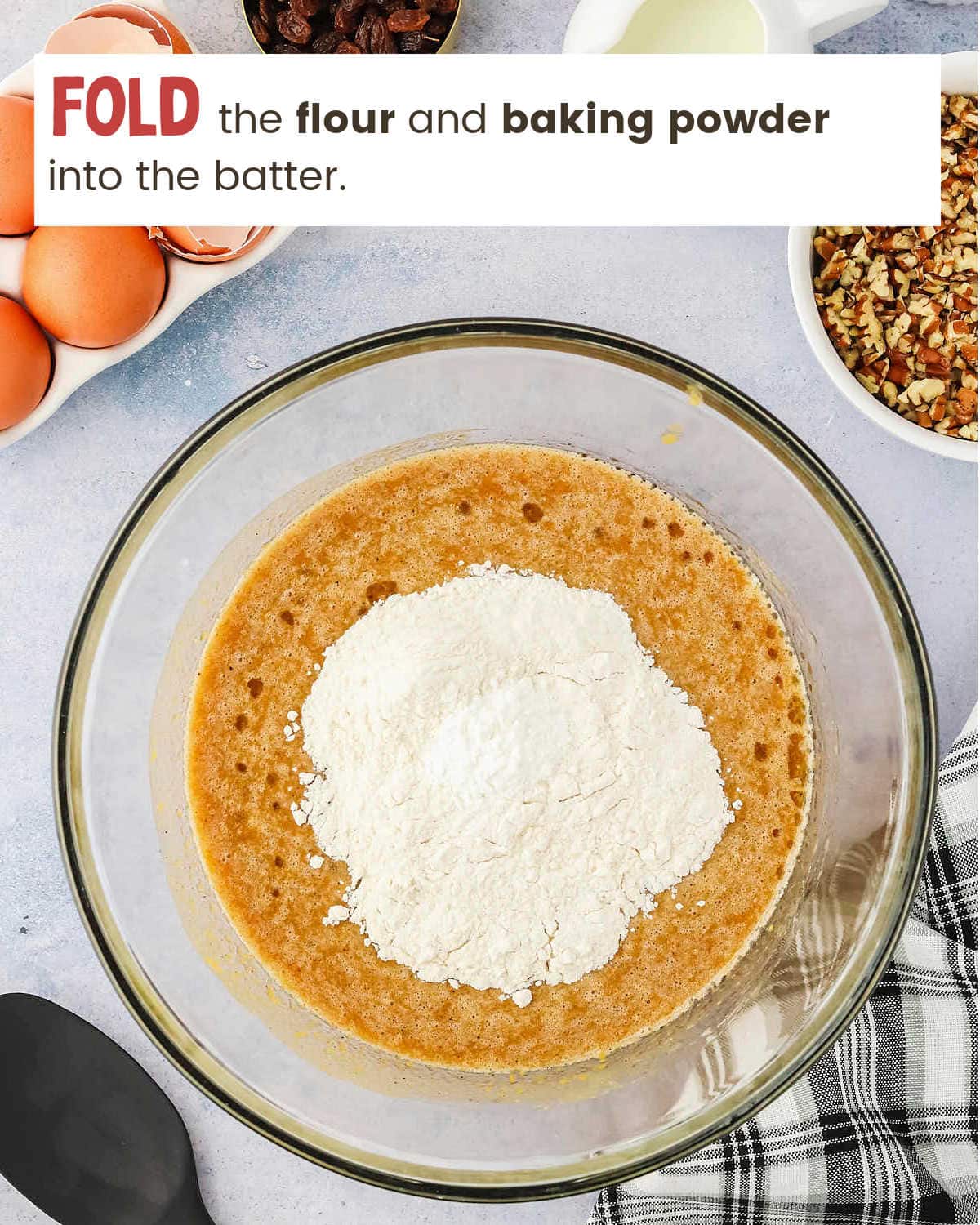 Adding dry ingredients to wet ingredients for Sweet Potato Bread.