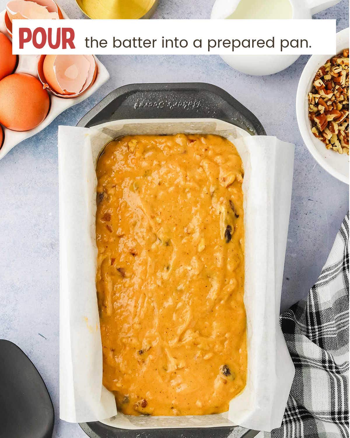 Sweet Potato Bread batter in a loaf pan.