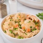 Chicken and Dumpling made in the Crock-Pot served in a white bowl.