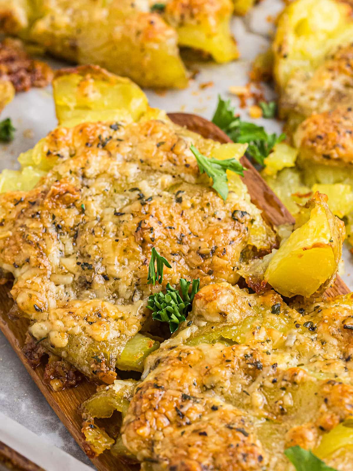 Topdown view of the TikTok Viral Parmesan Crusted Potatoes.
