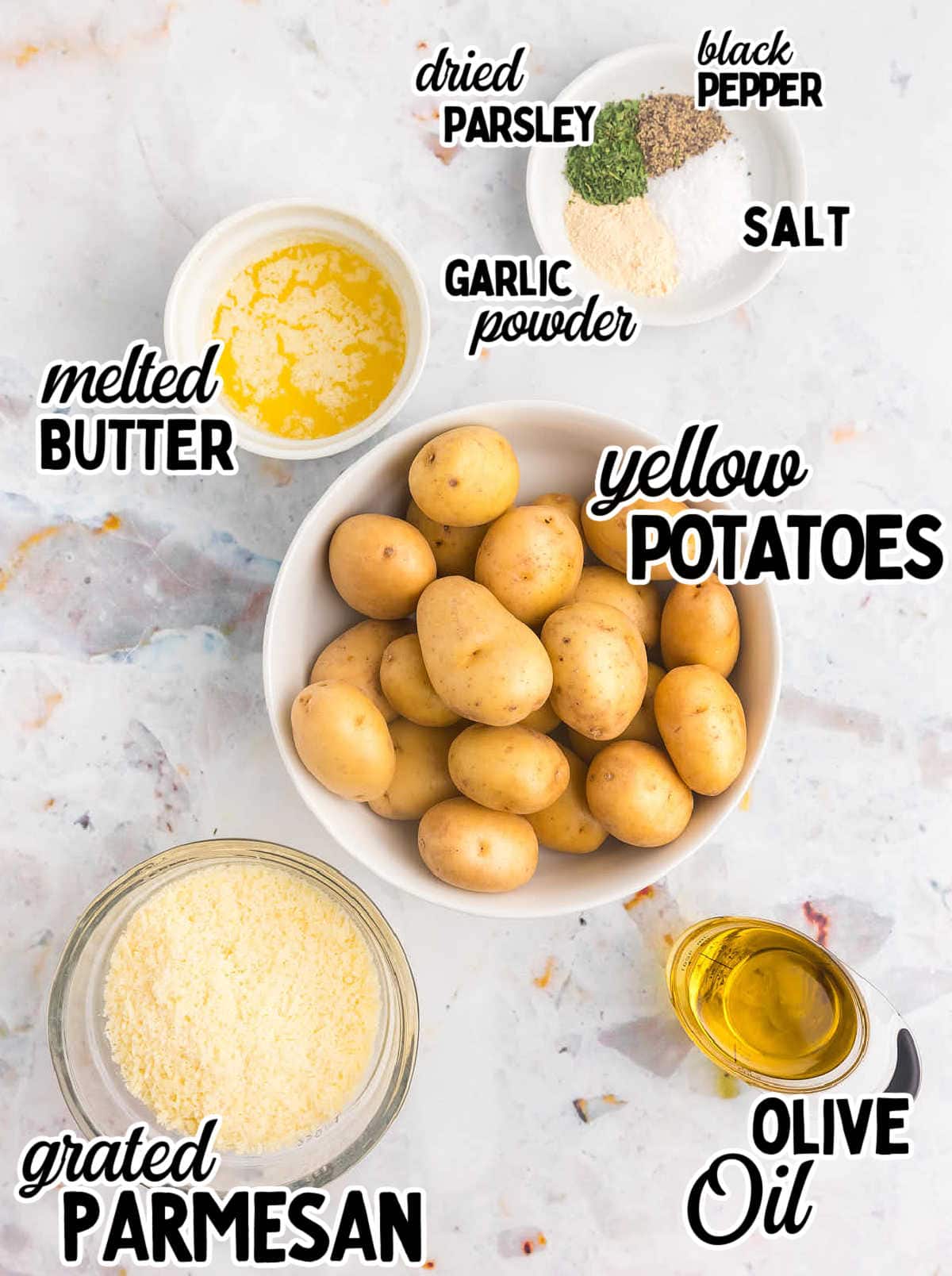Ingredients needed to make the Viral TikTok Smashed Parmesan Potatoes.