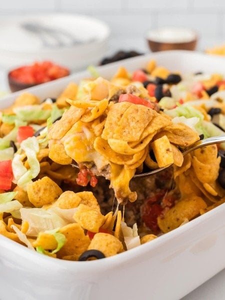 Side-angle view of a Walking Taco Casserole.