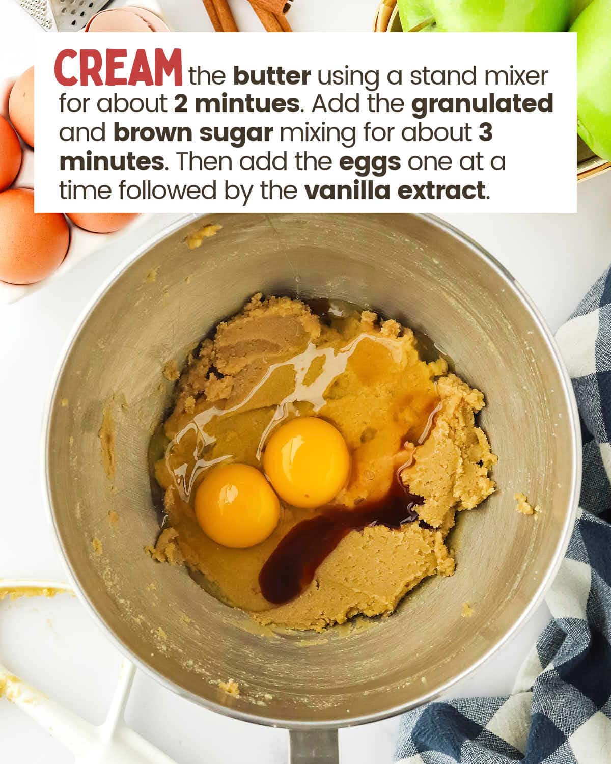 2 Cracked eggs and vanilla on top of cream butter and brown sugar.
