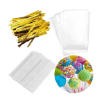 Cake Pop Treat Bag Set Including 100pcs Parcel Bags, 100pcs Papery Treat Sticks, 100pcs Gold Metallic Twist Ties.