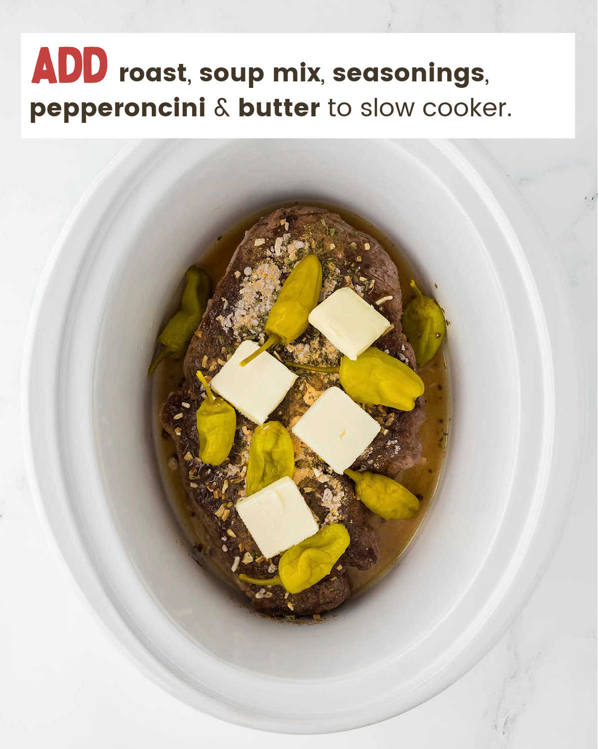 Adding roast, seasonings and pepperoncini to slow cooker for Mississippi Pot Roast.