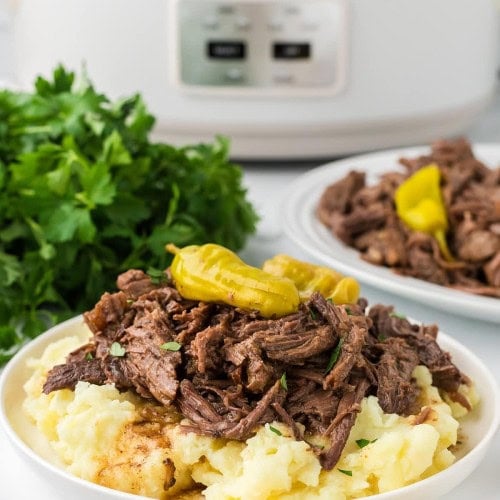Mississippi Pot Roast served over mashed potatoes.
