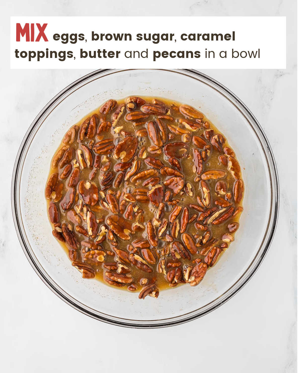 Mixing pecan mixture in a bowl for Pecan Pie Dump Cake.
