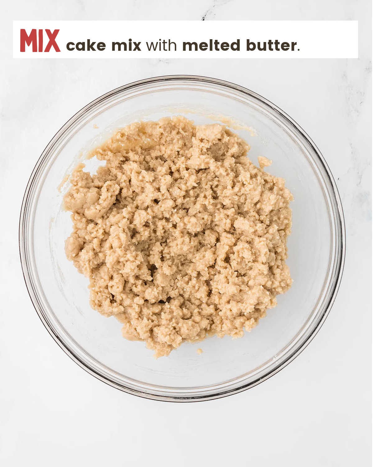 Mixing cake mix and butter in a bowl for Pecan Pie Dump Cake.