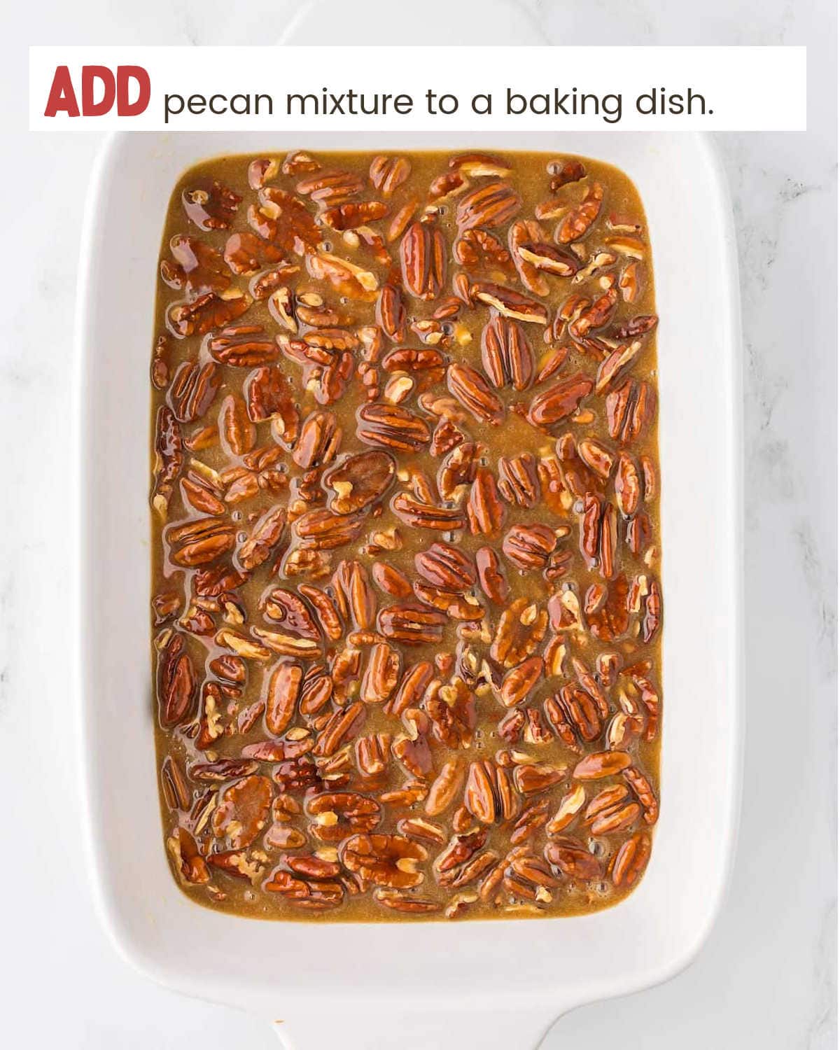 Adding pecan mixture to baking dish for Pecan Pie Dump Cake.
