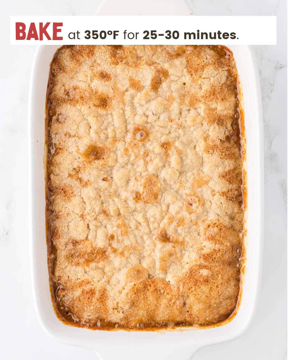 Baked Pecan Pie Dump Cake in a casserole dish.