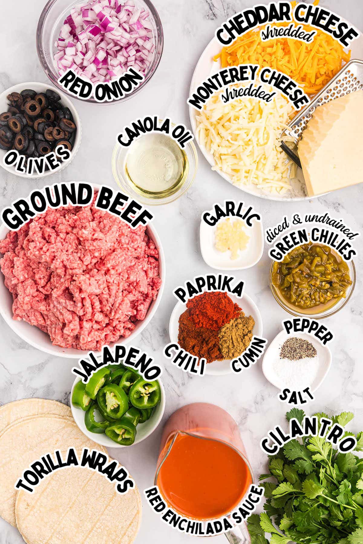 Ingredients needed to Beef Enchilada Casserole.