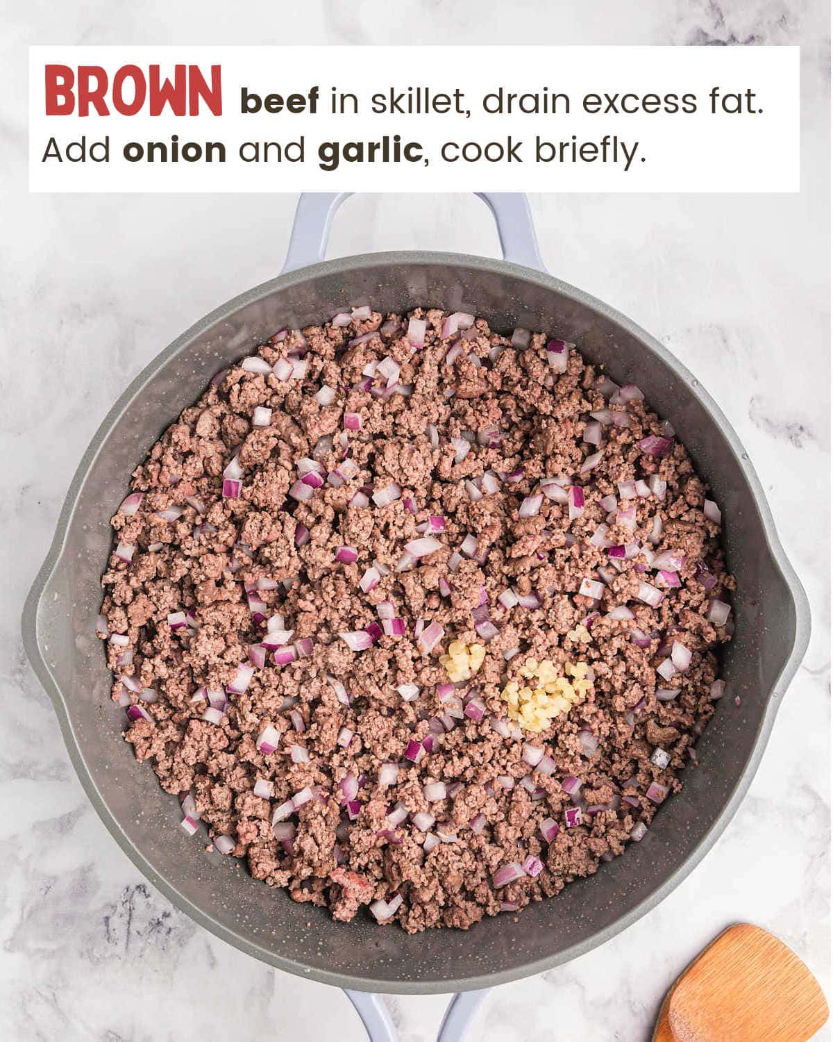 Browning ground beef and onions for a Beef Enchilada Casserole.