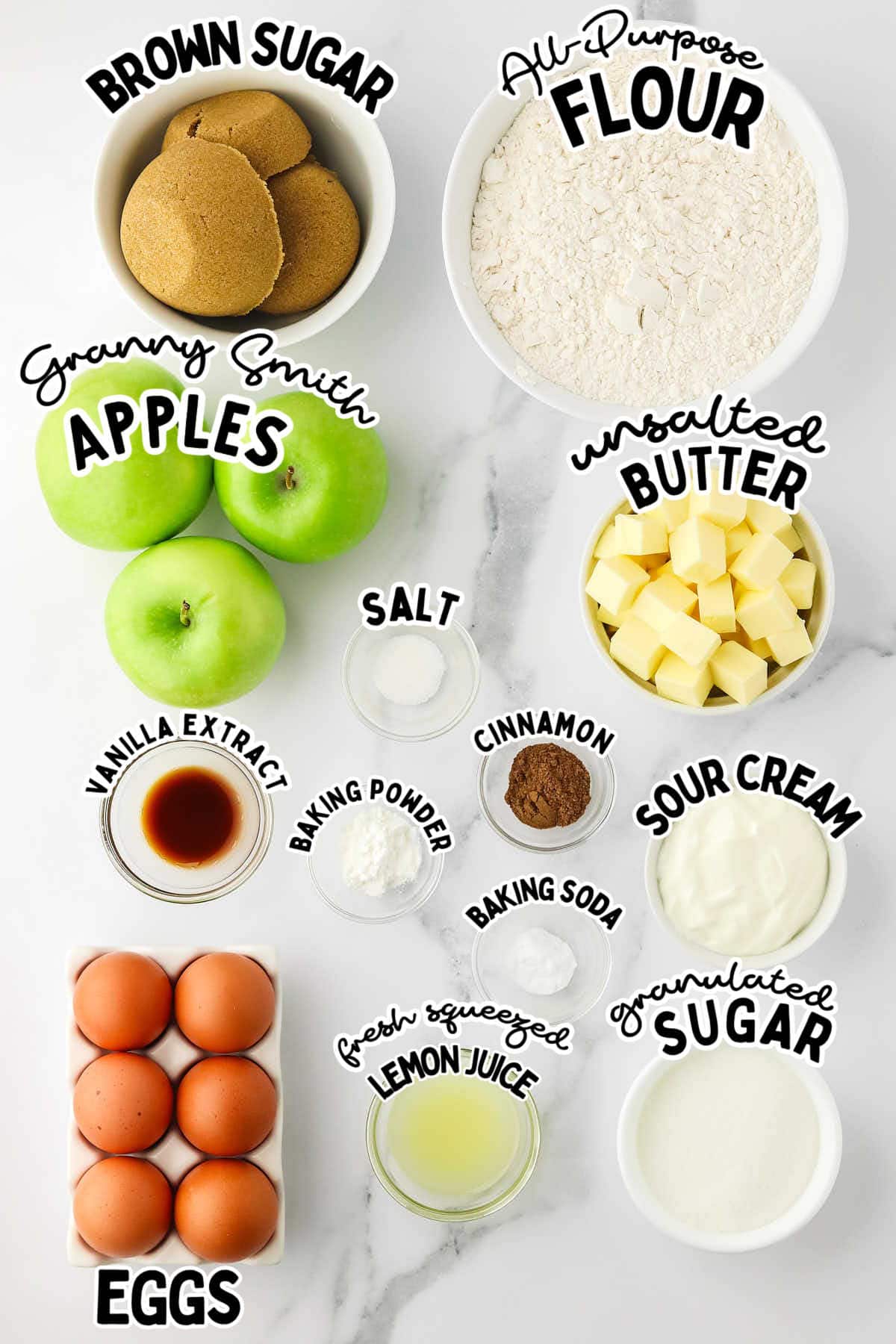 Ingredients needed to make a Cast Iron Apple Crumb Cake.