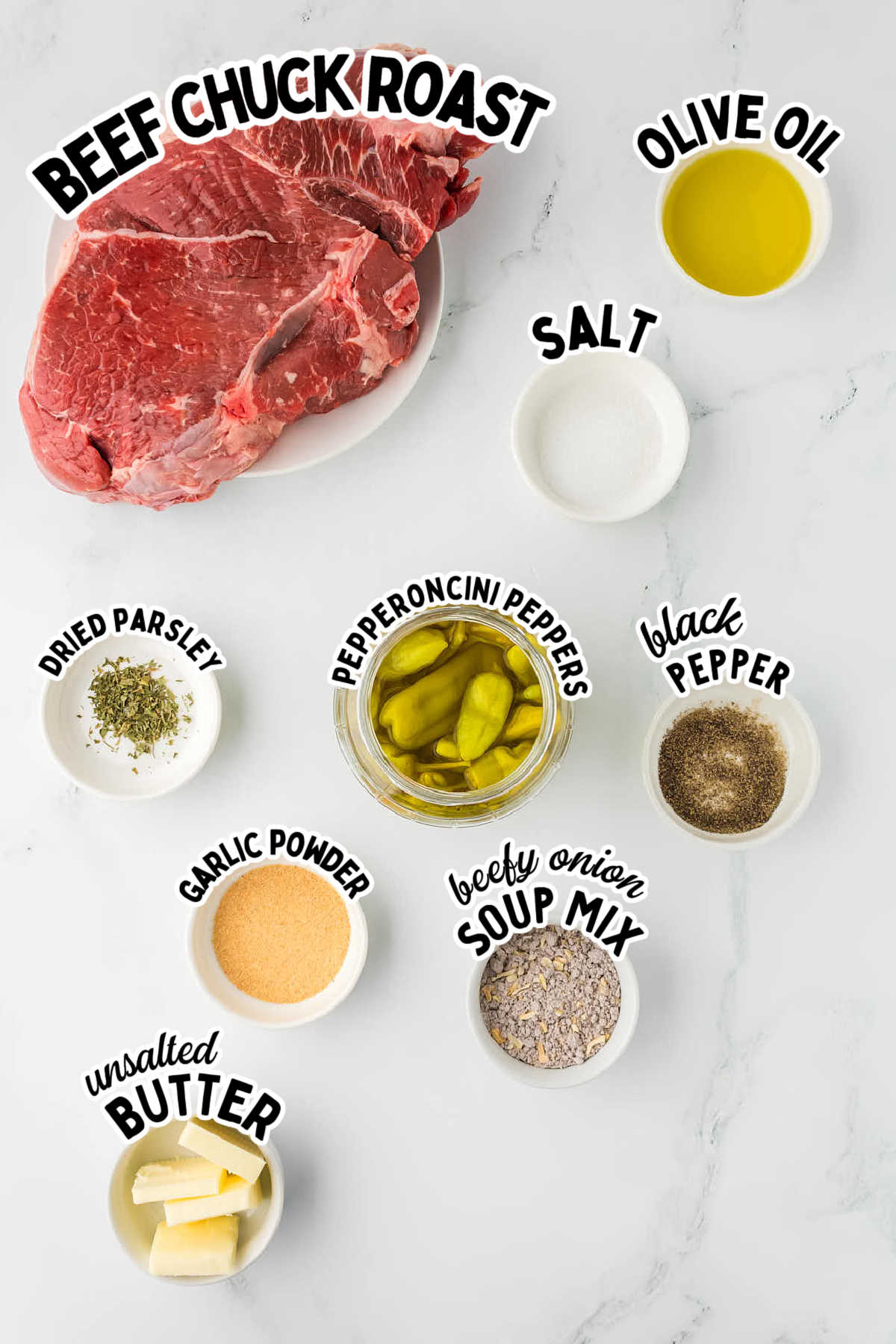 Ingredients needed to make a Mississippi Pot Roast recipe.