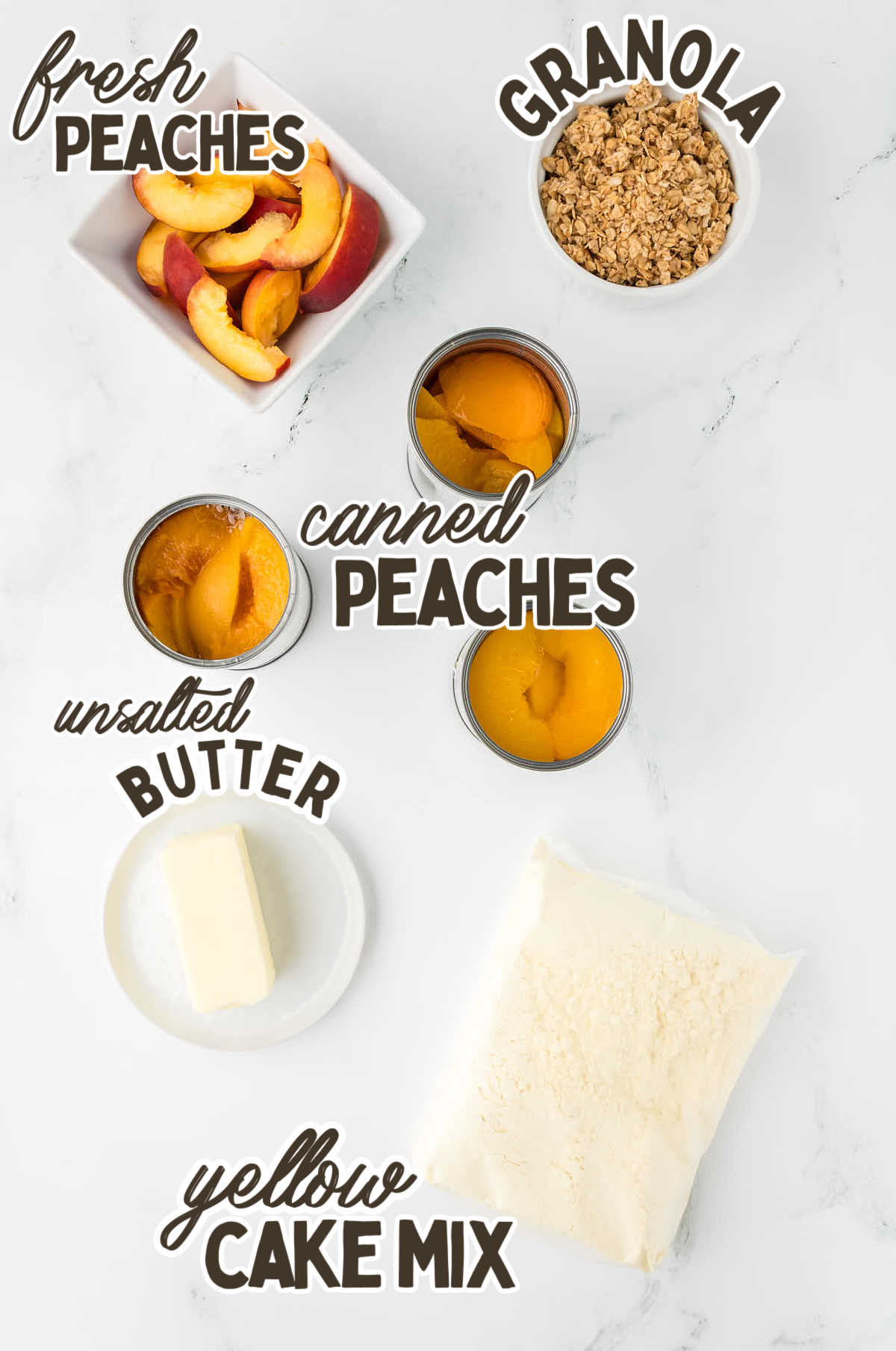 Ingredients needed to make Peach Cobbler Dump Cake recipe.