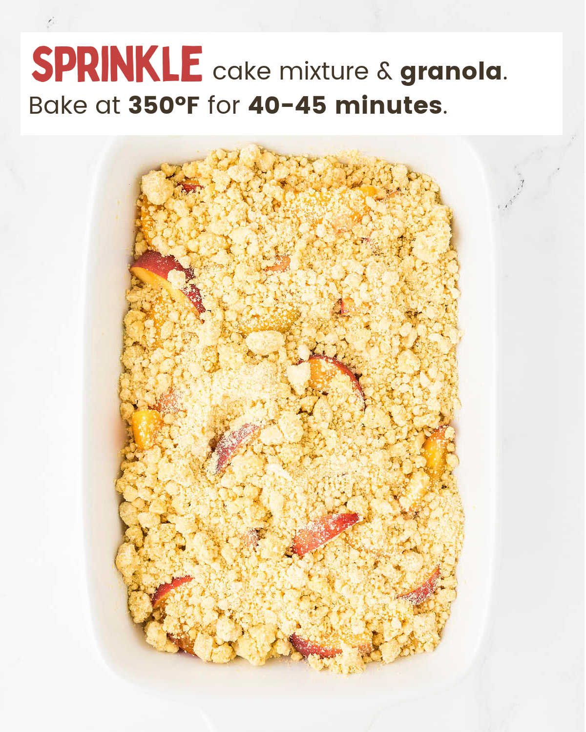 Topping with cake mixture for Peach Cobbler Dump Cake.