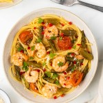 A bowl of Shrimp Asparagus Pasta.
