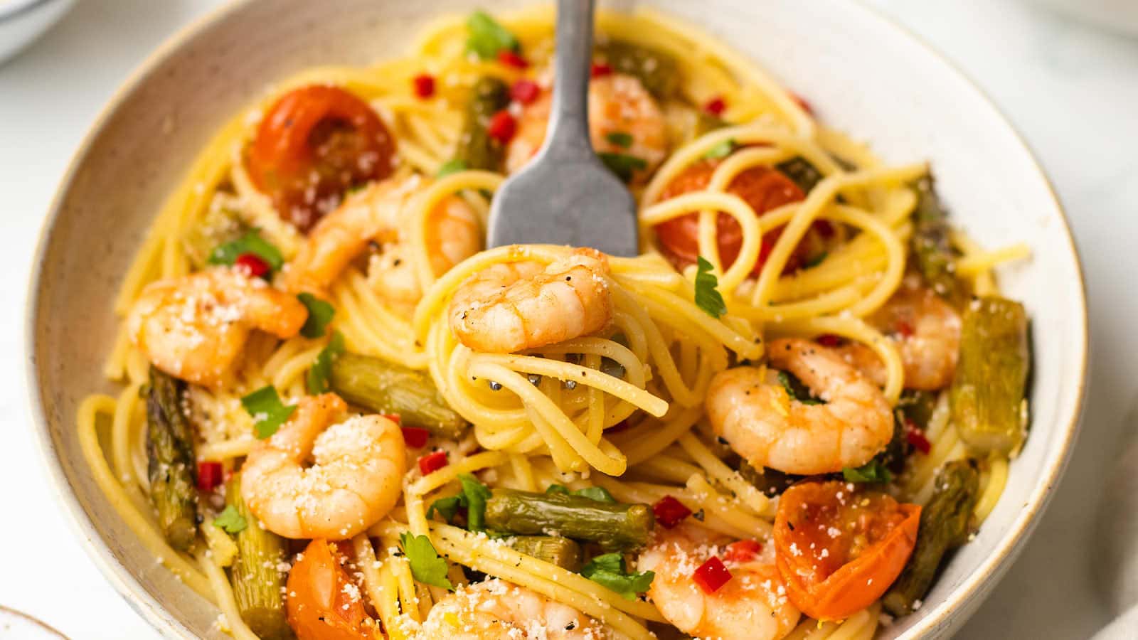 Shrimp Asparagus Pasta recipe by Cheerful Cook.