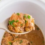A serving spoon full of Adobe Chicken in a Slow Cooker.