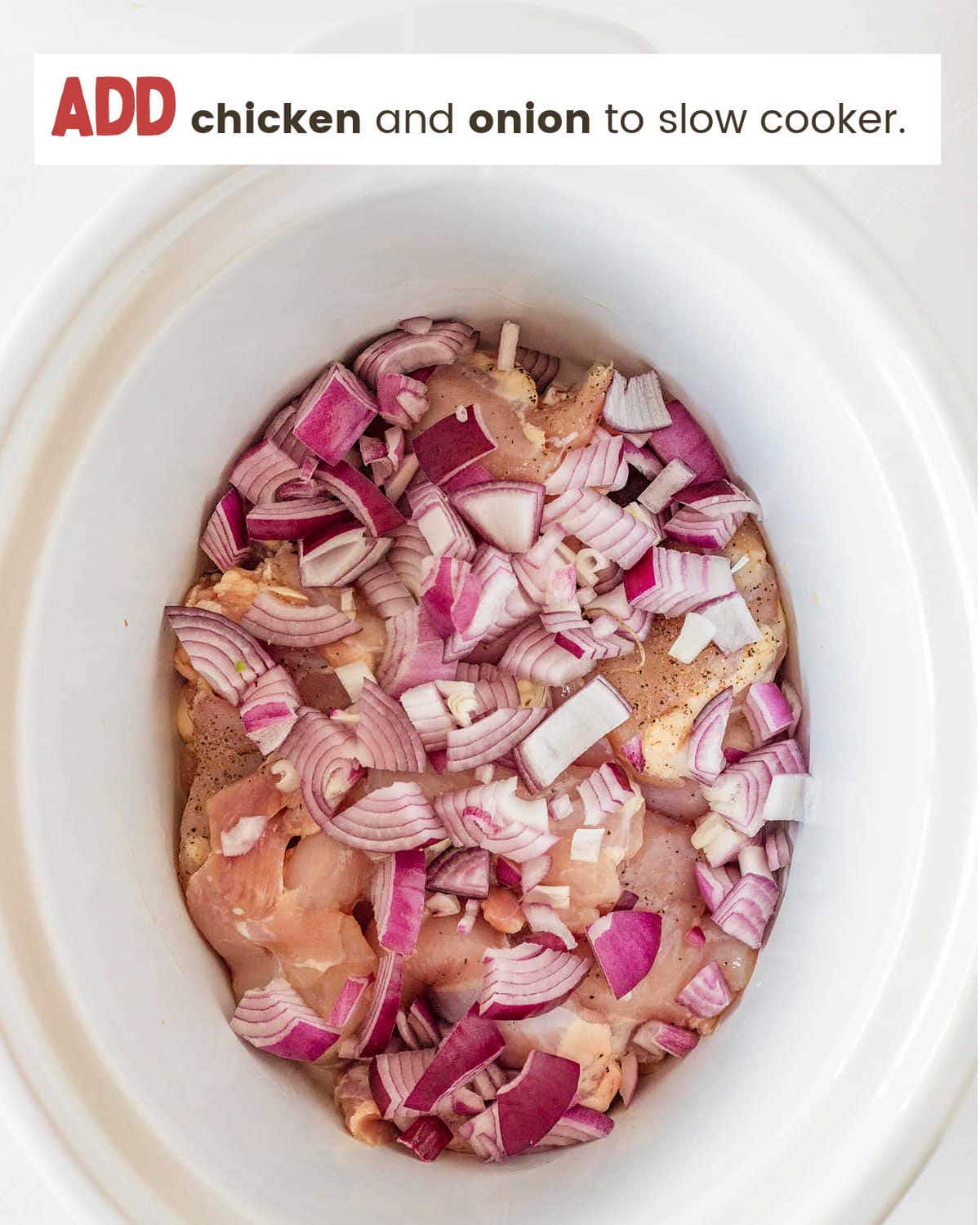 Adding chicken and onions to Crockpot for Slow Cooker Adobo Chicken.