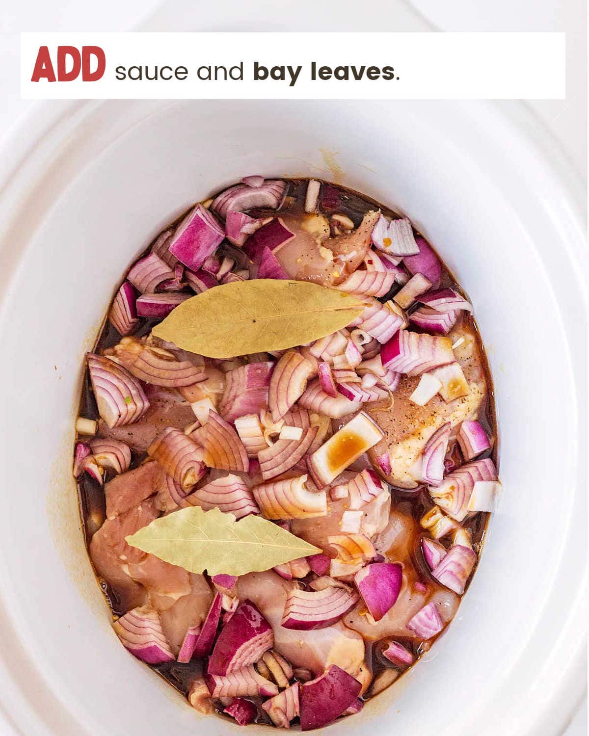 Adding sauce and bay leaves to Crockpot for Slow Cooker Adobo Chicken.