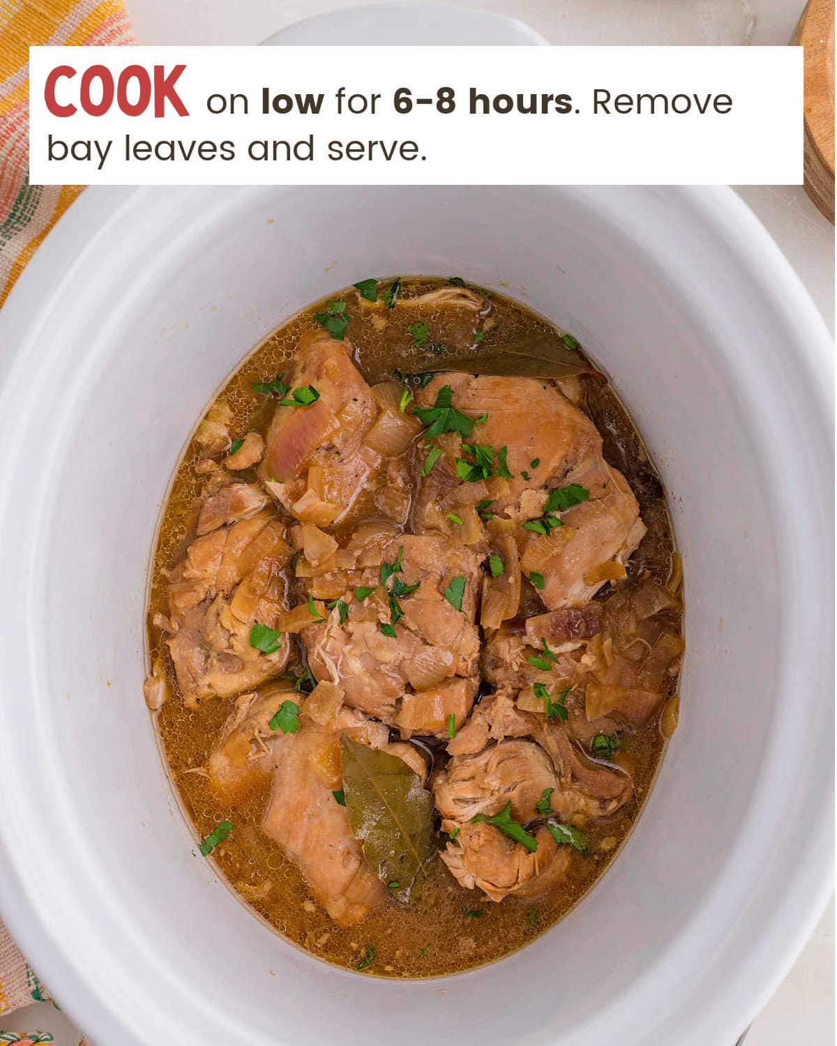Cooked Slow Cooker Adobo Chicken in a Crockpot.