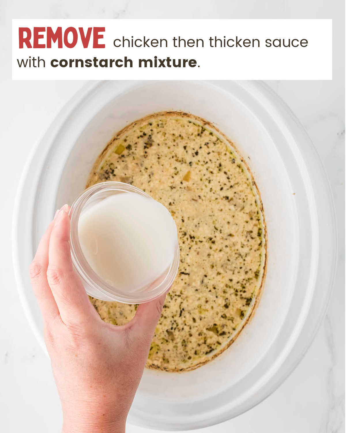 Thickening sauce with cornstarch for Slow Cooker Chicken and Dumplings.
