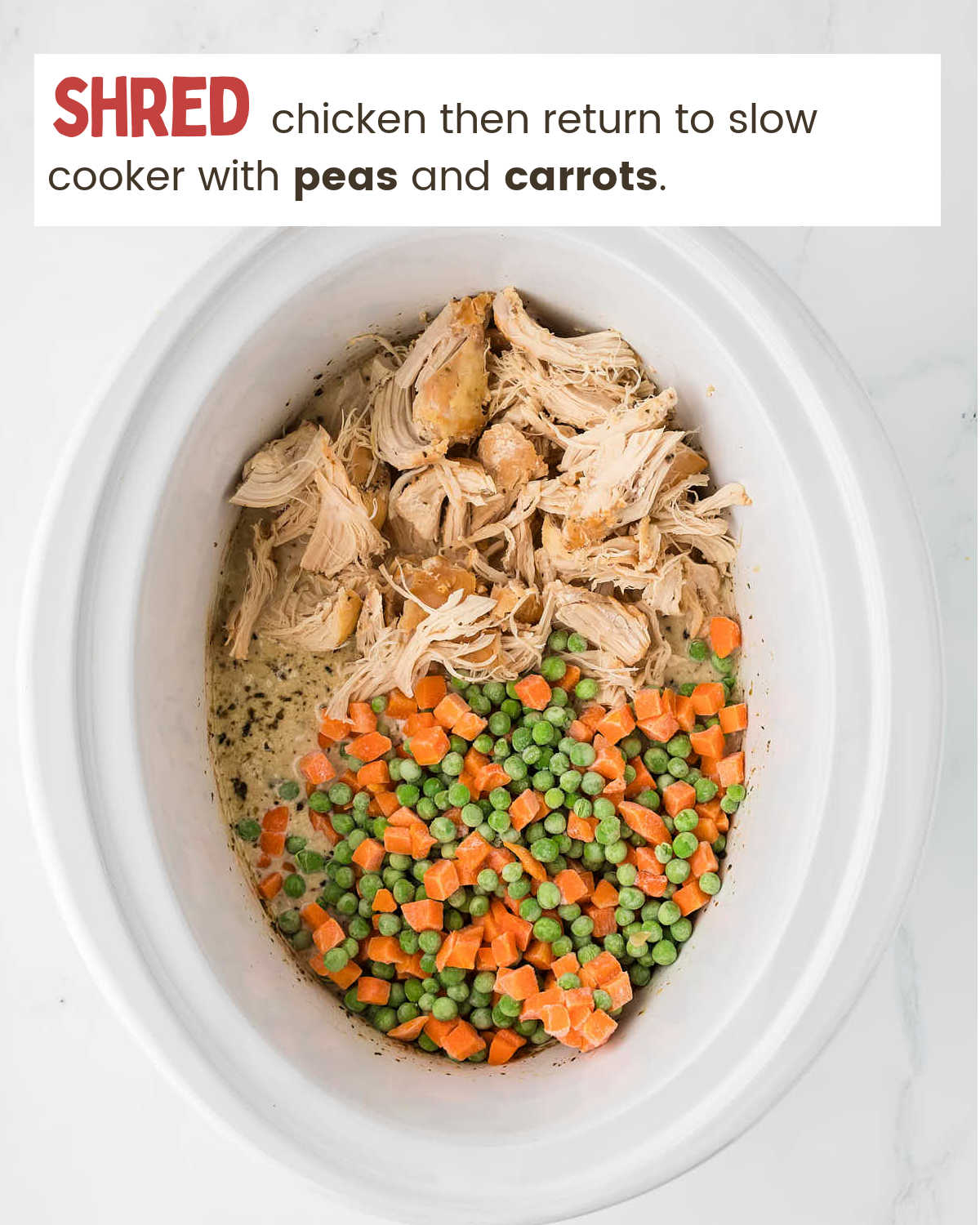 Adding shredded chicken and veggies to Crockpot for Slow Cooker Chicken and Dumplings.