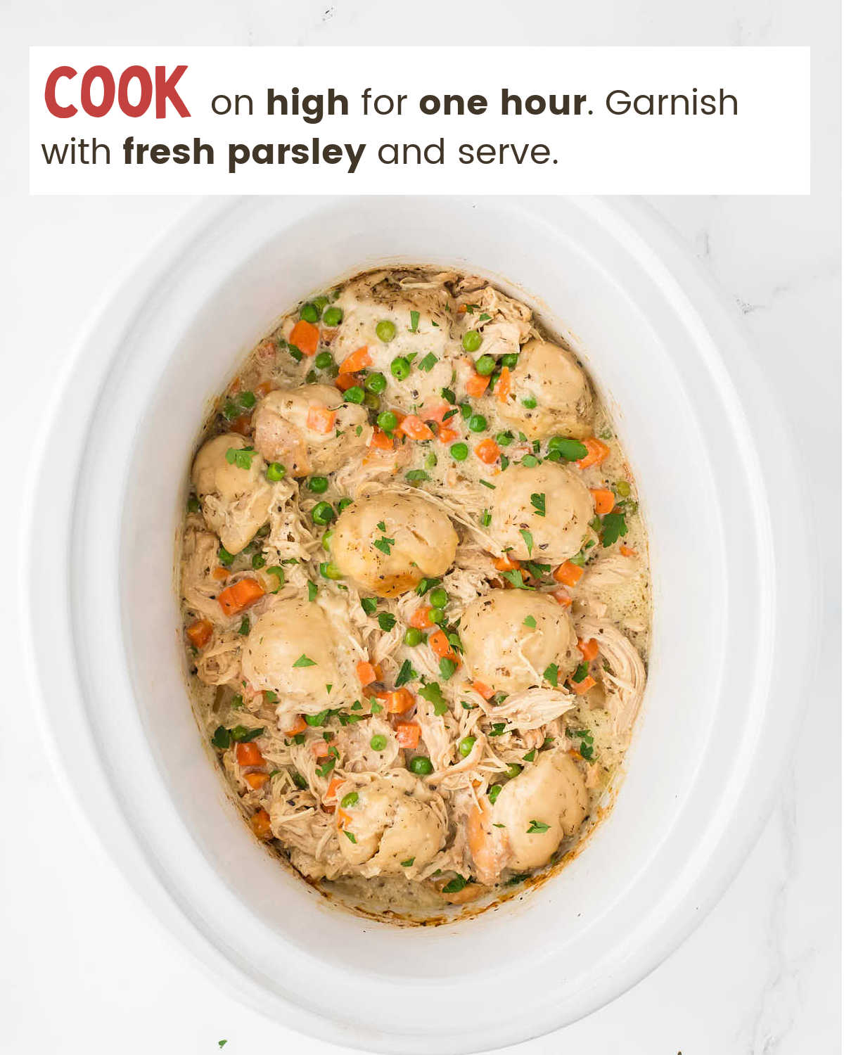 Cooked Slow Cooker Chicken and Dumplings in Crockpot.
