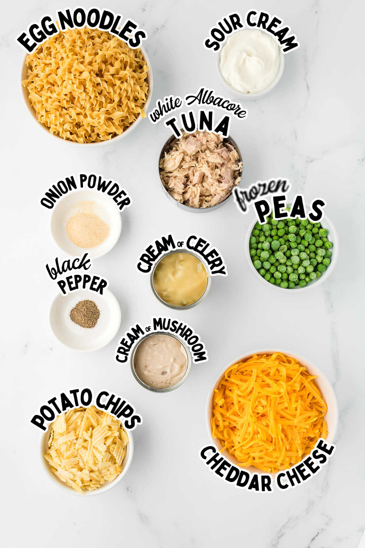 Ingredients needed to make a Tuna Casserole.