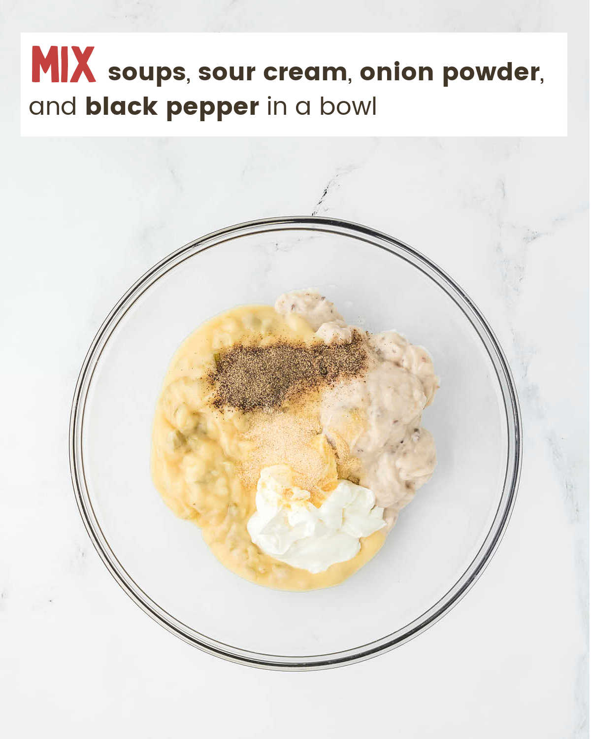 Mixing seasonings in a bowl for Tuna Casserole.