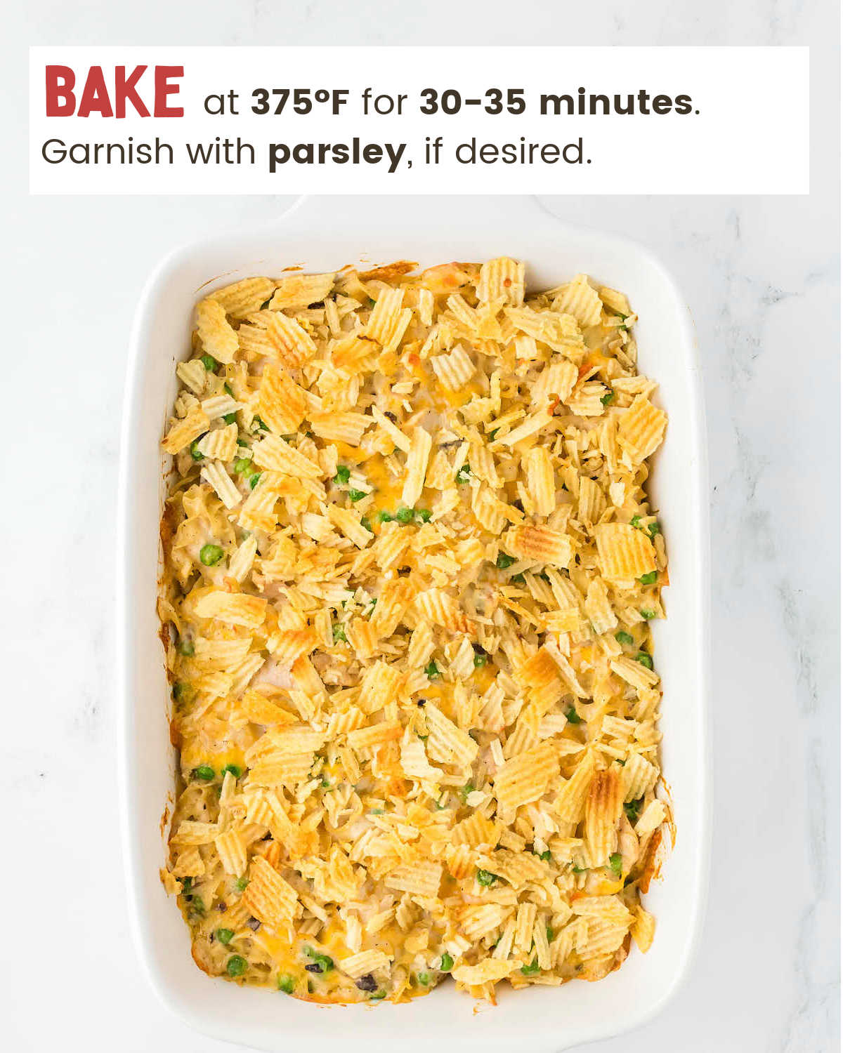 Baked Tuna Casserole in a white casserole dish.