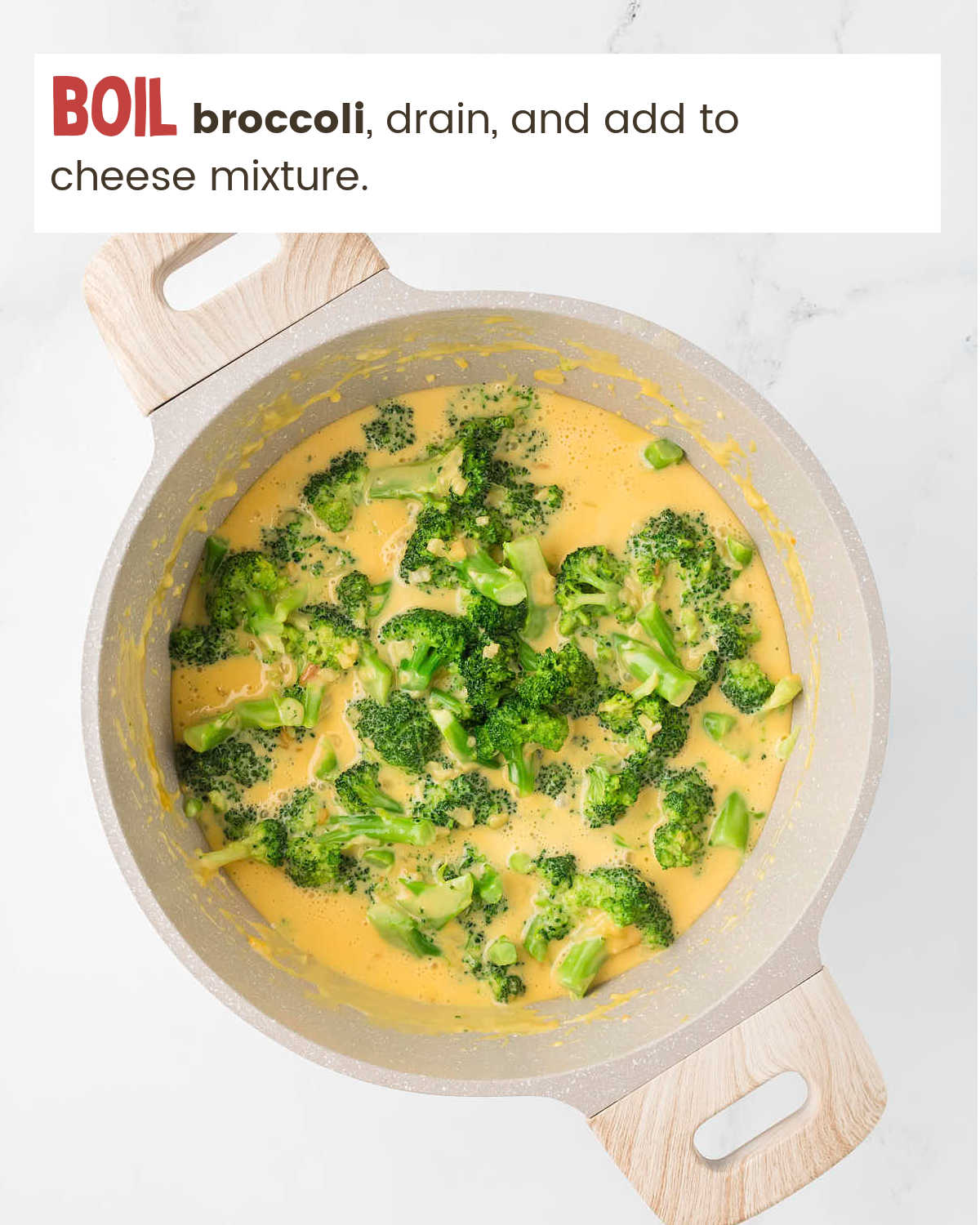 Adding broccoli to cheese for Broccoli Velveeta Casserole.