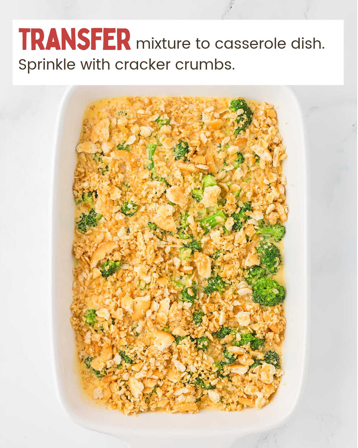 Uncooked Broccoli Velveeta Casserole in a casserole dish.