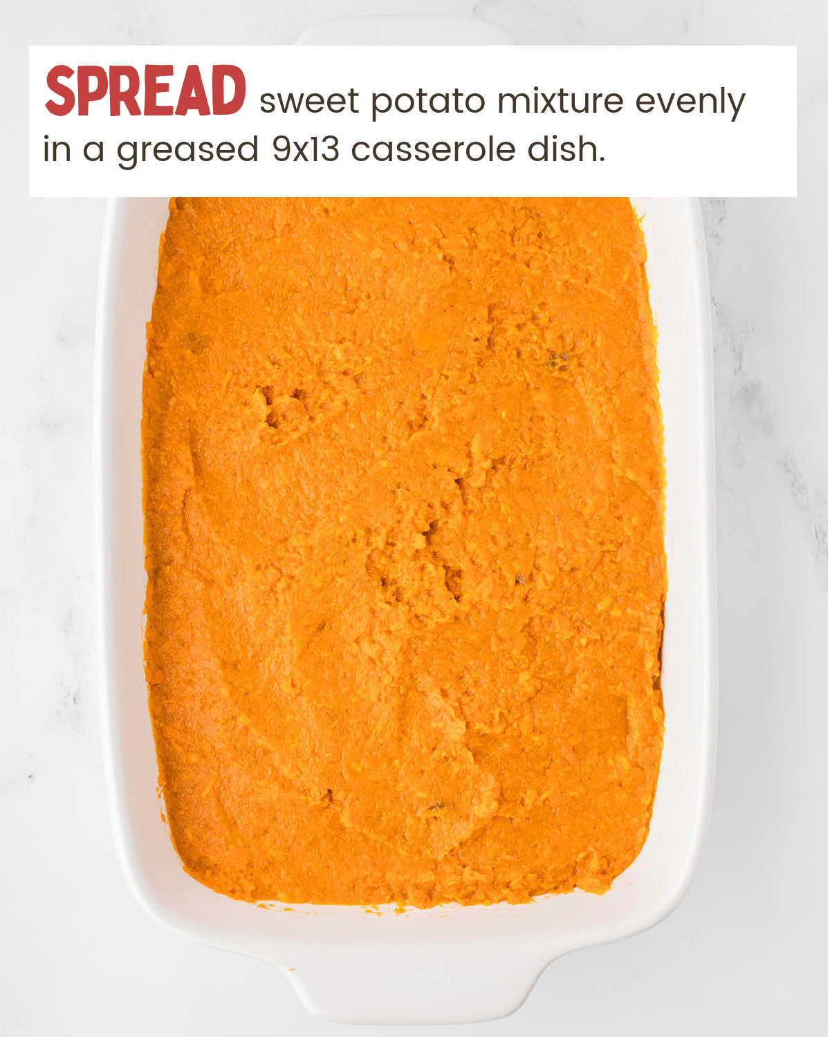 Adding potatoes to baking dish for Sweet Potato Casserole.