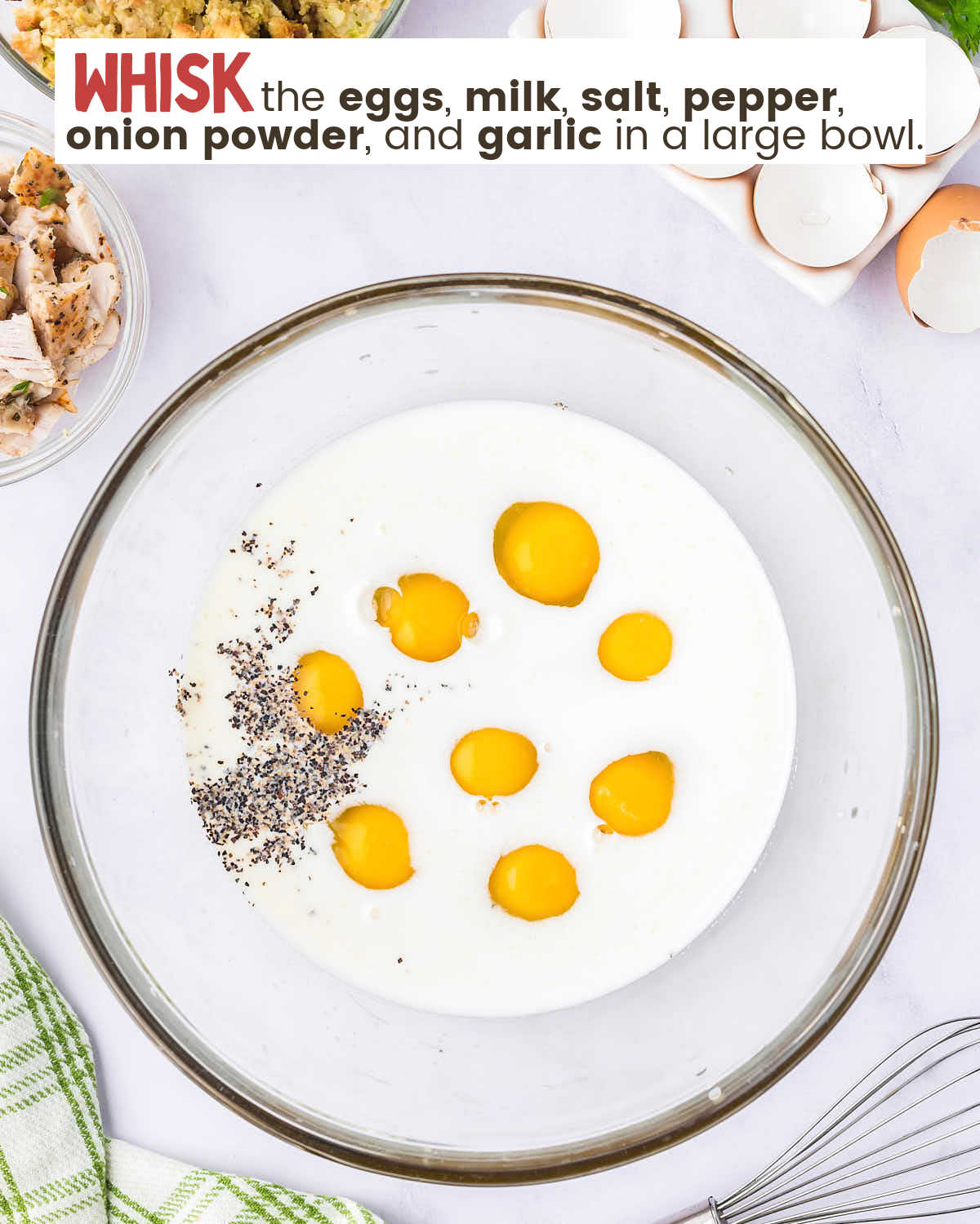 Eggs and spices in a bowl to make turkey quiche.