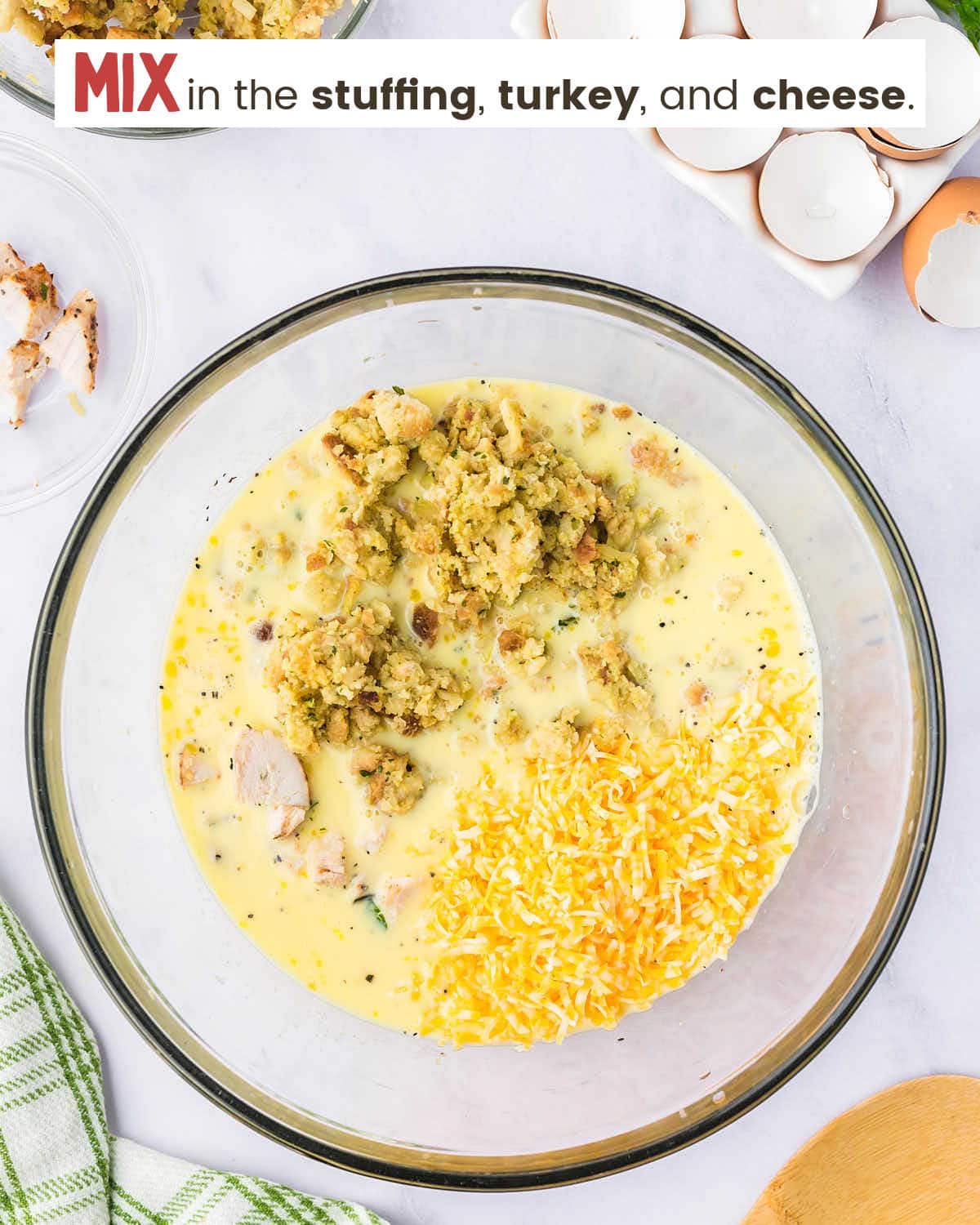 Turkey, cheese, and stuffing are added to whisked eggs to make a turkey quiche.
