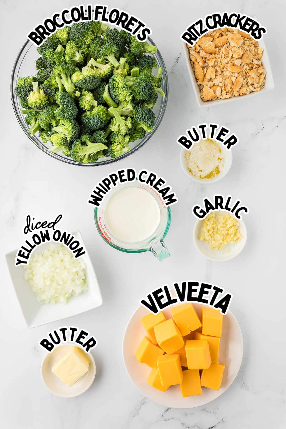 Ingredients needed to make a Cheesy Broccoli Casserole made with Velveeta and topped with cracked Ritz Crackers.