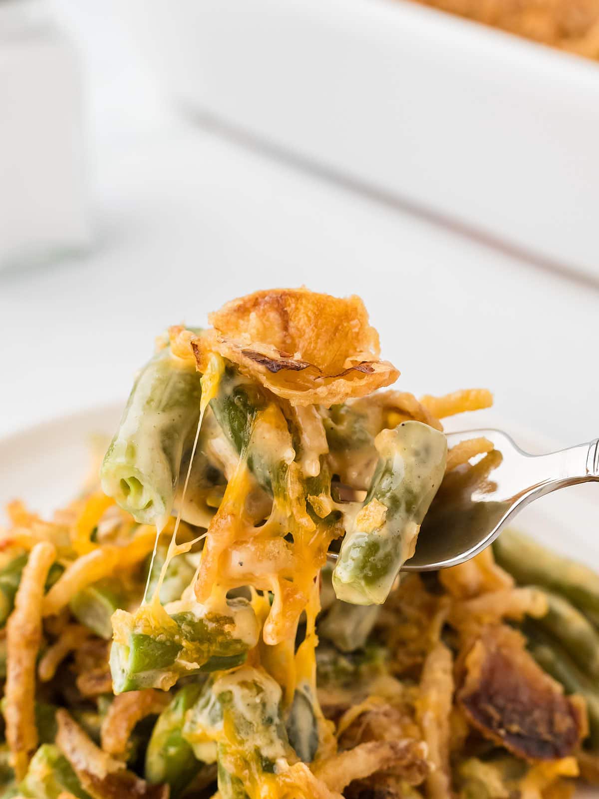A forkful of Green Bean Casserole.