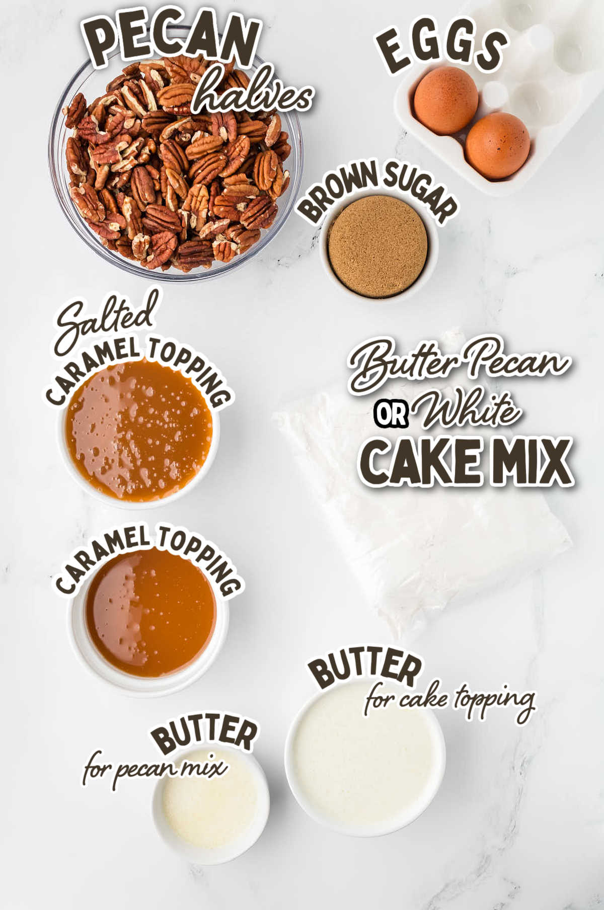 Ingredients needed to make a Pecan Pie Dump Cake.